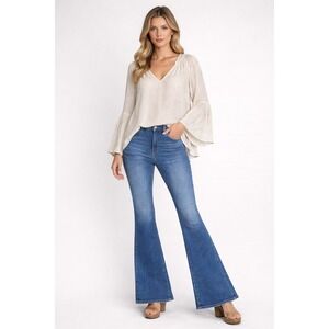 Lilly Pulitzer Womens XL Silk Metallic Gold Fil Coupe Bell Sleeve V-Neck Blouse